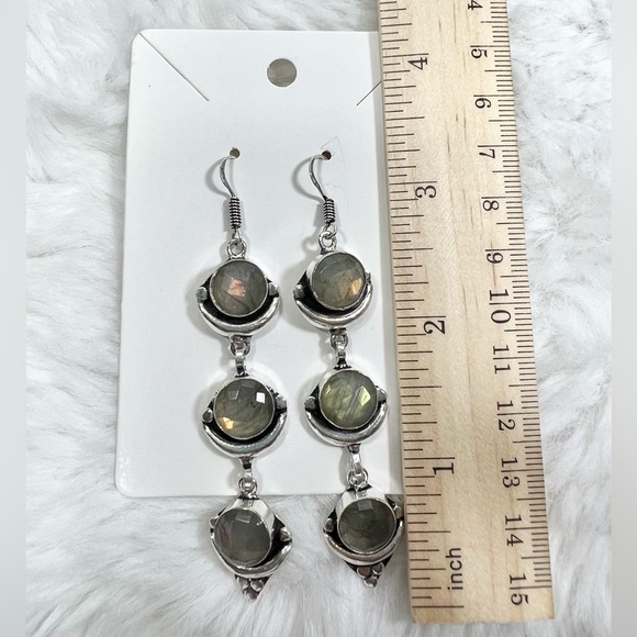 Labradorite 925 Faceted Long Dangle Earrings - Picture 3 of 4